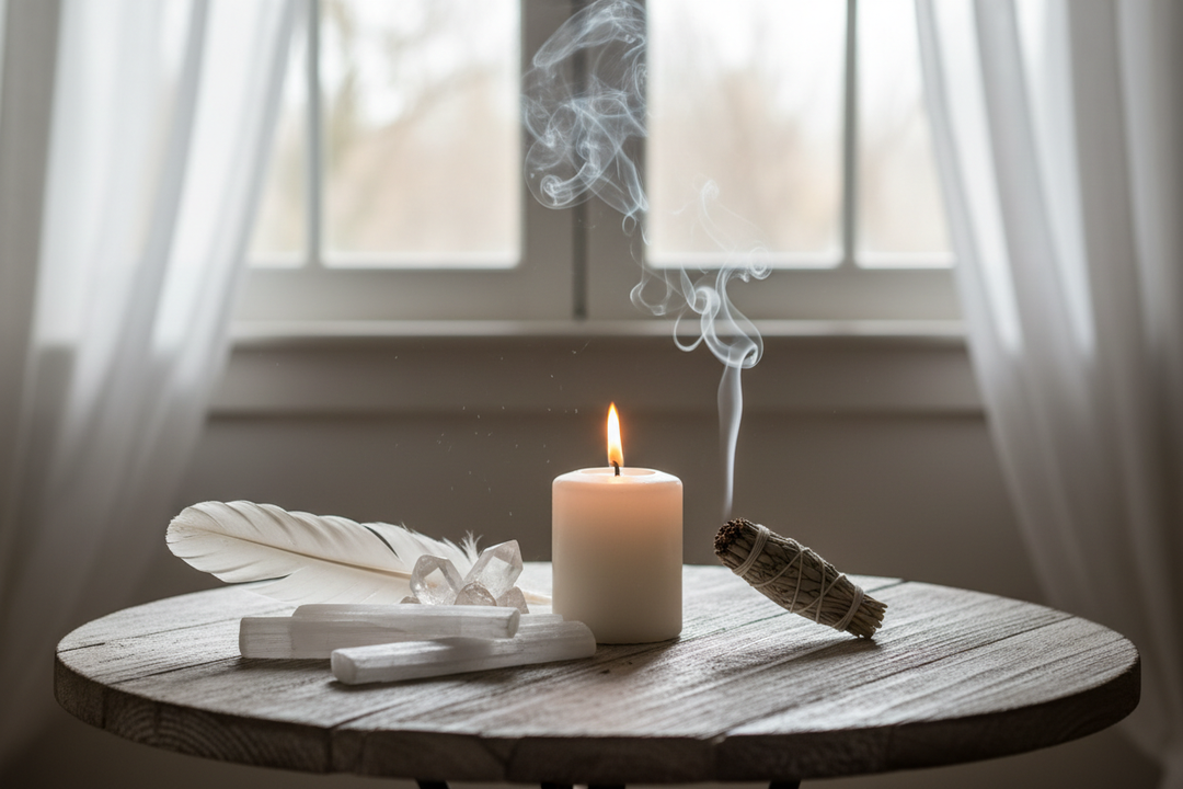 Bougie blanche allumée avec encens, plume et cristaux sur table en bois pour rituels spirituels